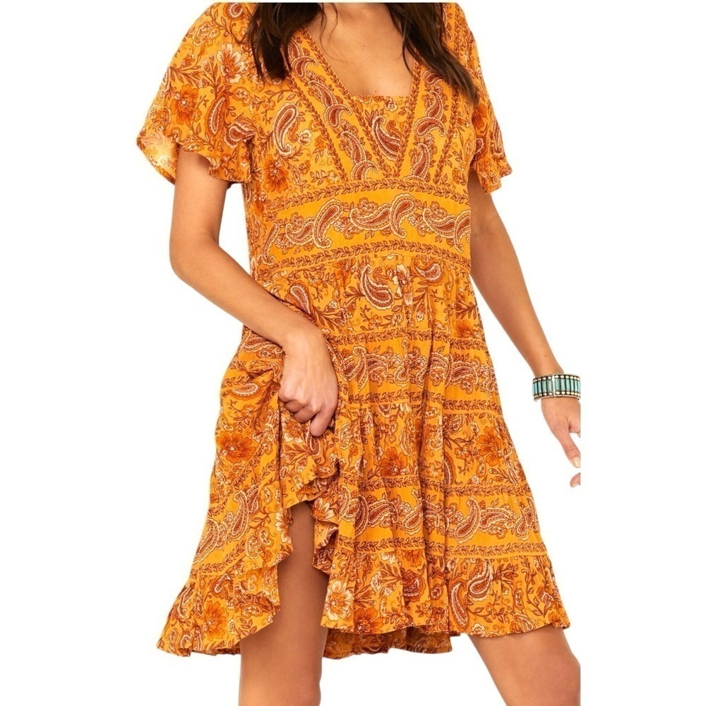 Patrons of Peace Toluca border orange paisley multi tiered mini dress